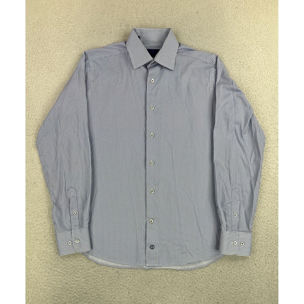 David Donahue Dress Shirt Mens 16 34/35 Blue Geometric Slim Fit Woven Cotton LS